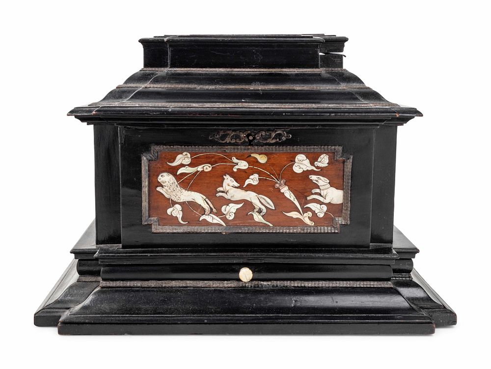 Appraisal: A German Mother-of-Pearl Inlaid Ebonized Jewelry Casket A German Mother-of-Pearl