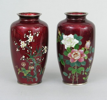 Appraisal: A Pair of Japanese Ginbari Cloisonne Vases Two beautiful foil