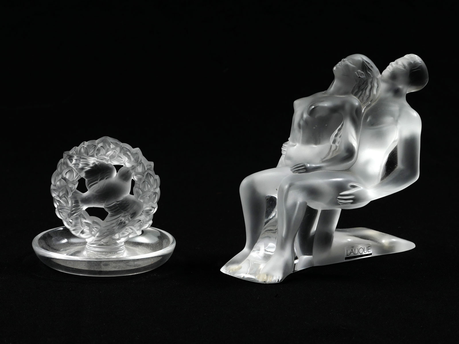 Appraisal: PC LALIQUE FRANCH CRYSTAL LOVERS AND TRINKET TRAY Comprising -