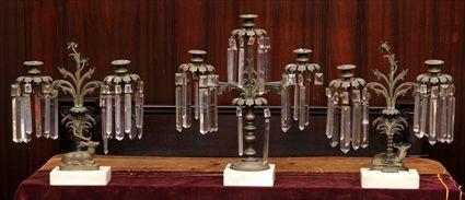 Appraisal: ASSEMBLED VICTORIAN GILT-METAL MARBLE AND CUT GLASS THREE-PIECE GIRANDOLE SET