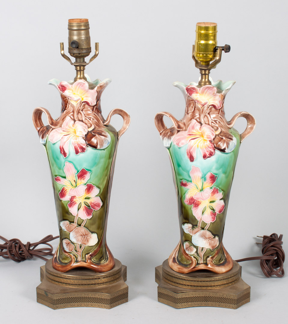 Appraisal: Pair of German Majolica vase lamps late th early th