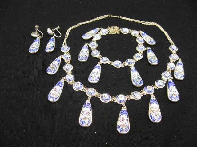 Appraisal: Persian Enameled Sterling Jewelry Suite necklace bracelet earrings fine handpainted