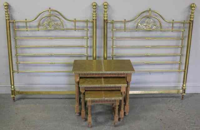 Appraisal: Partial Brass Footboard Headboard with a Nest of Stacking Tables