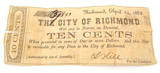 Appraisal: CURRENCY Civil War Richmond Virginia Cent note dated April authorized