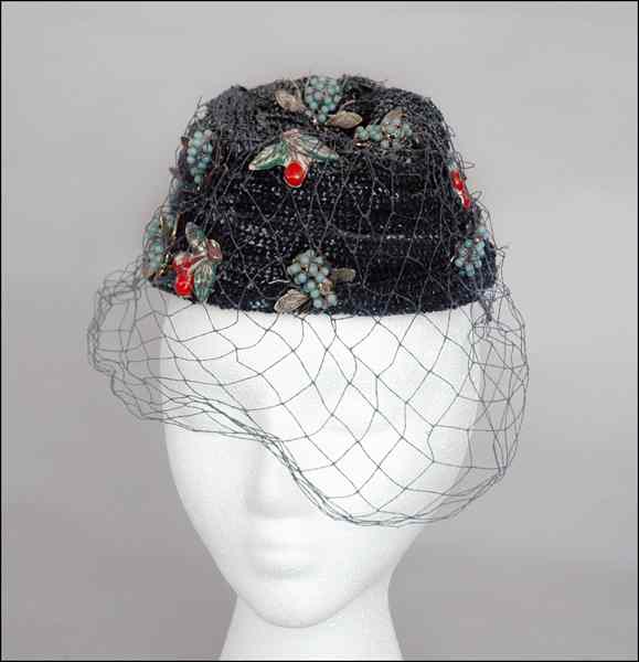 Appraisal: BES-BEN INSECTS AND CHERRIES HAT c Navy straw cloth turban