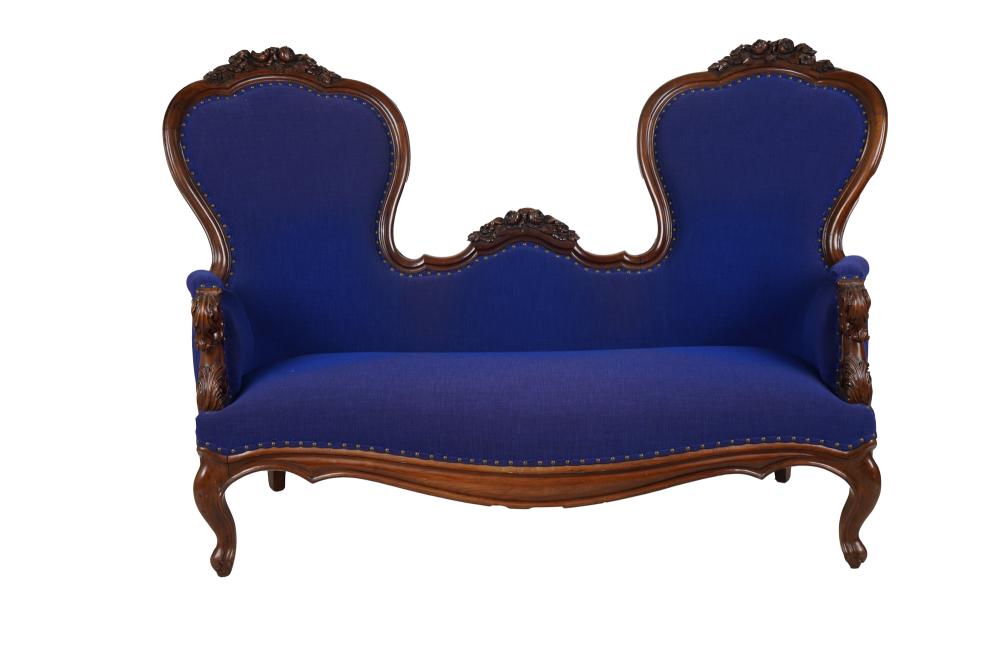 Appraisal: VICTORIAN BLUE UPHOLSTERED SOFACondition surface scratches to wood carving inches