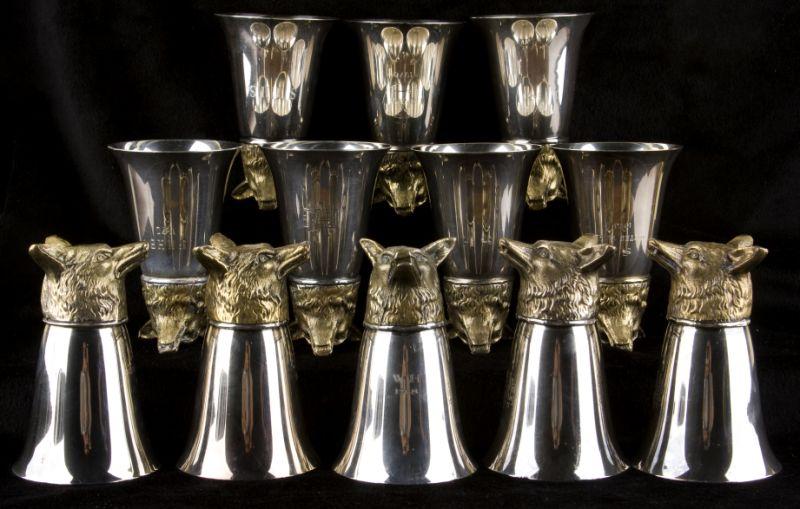 Appraisal: Set of Silverplate Stirrup Cups with brass fox heads unmarked