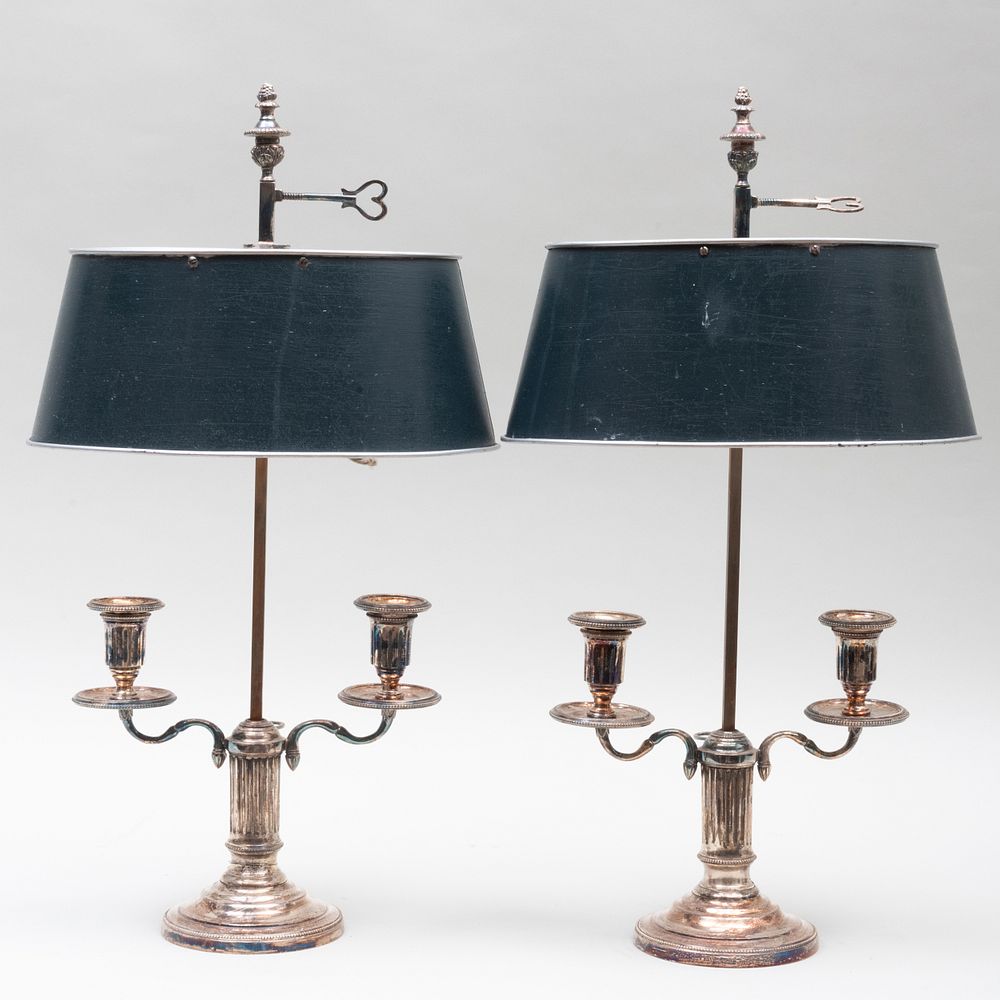 Appraisal: Pair of Silver Plate Two-Light Bouillotte Lamps with T le