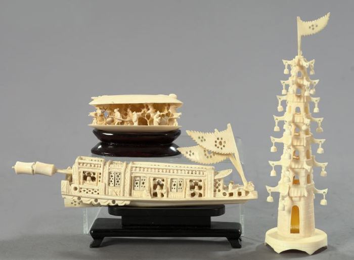 Appraisal: Group of Three Oriental Carved Ivory and Bone Objects first