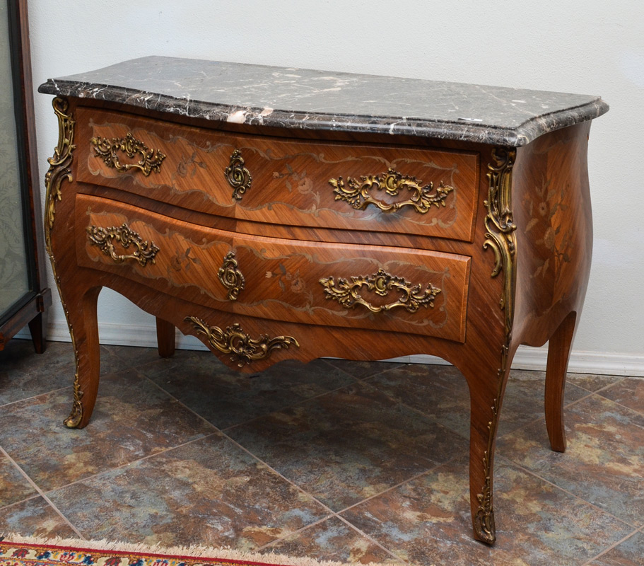 Appraisal: FRENCH MARQUETRY INLAID MARBLE TOP CHEST Bombe style front variegated