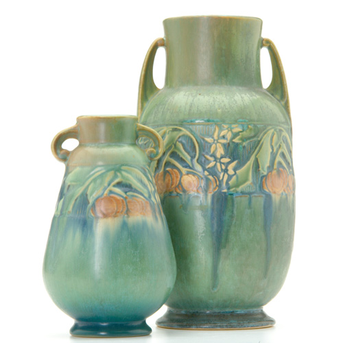 Appraisal: ROSEVILLE Two green Baneda vases one bulbous repair to x