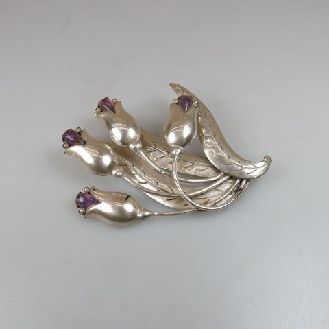 Appraisal: Hector Aguilar Mexican Silver Floral Brooch set with four pear