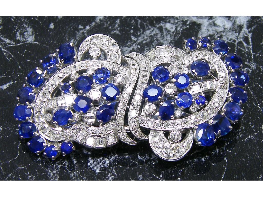 Appraisal: Fine sapphire and diamond double-clip cluster brooch set with Princess