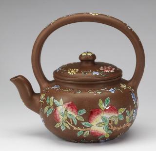 Appraisal: Chinese enamel decorated Yixing teapot h Chinese enamel decorated Yixing