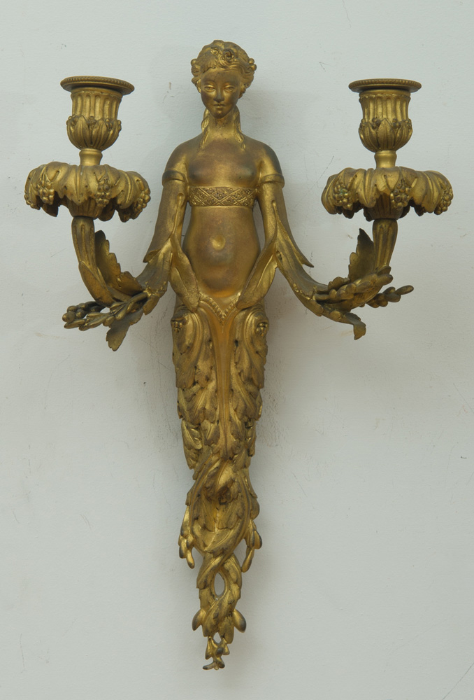 Appraisal: PAIR OF LOUIS XVI STYLE GILT BRONZE TWO-LIGHT SCONCES Each