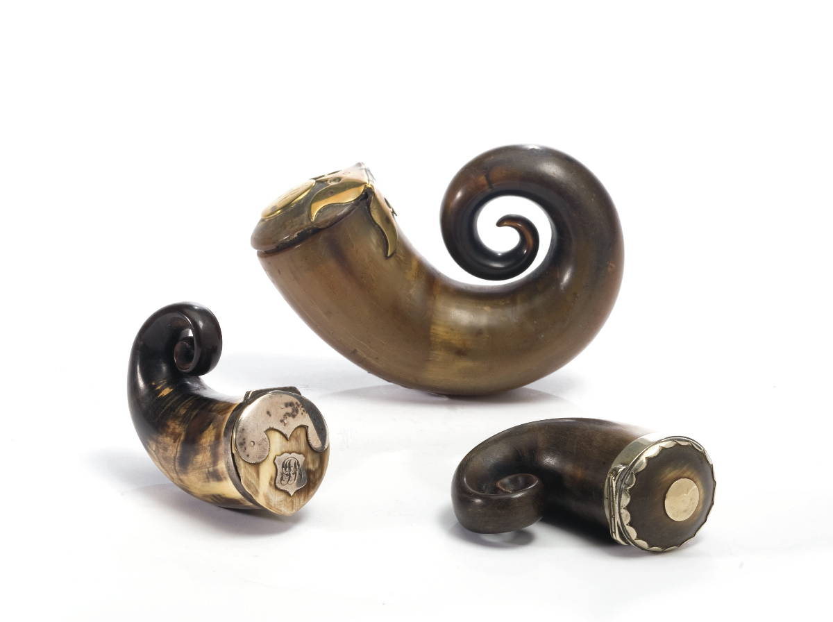 Appraisal: THREE SCOTTISH SILVER AND BRASS-MOUNTED HORN SNUFF MULLS CIRCA -