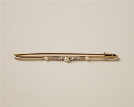 Appraisal: An Edwardian Gold Pearl and Diamond Bar Pin K tested