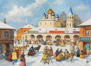 Appraisal: KONSTANTIN KUZNETSOV RUSSIAN - By the Bustling Winter Market watercolor