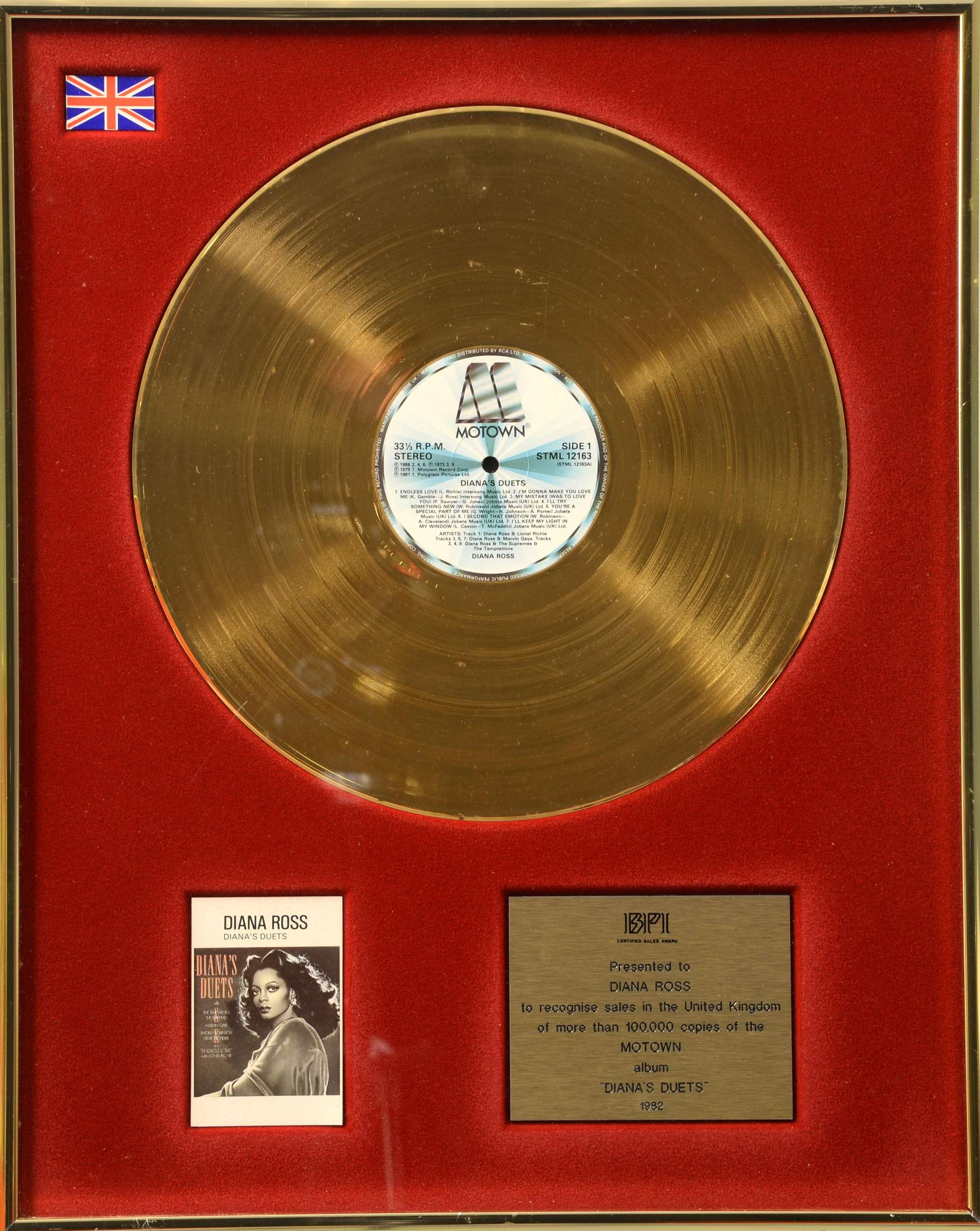 Appraisal: Diana Ross BPI Gold disc presented to Diana Ross to