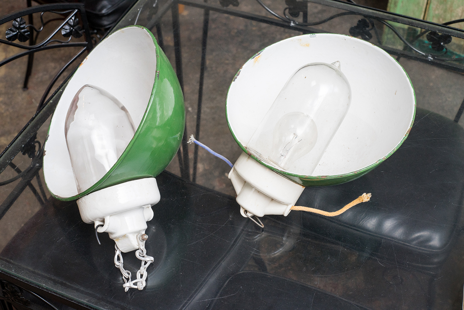 Appraisal: TWO INDUSTRIAL ENAMAL FLOOD LIGHTS WITH ORIGINAL GLASS FITTINGS TWO