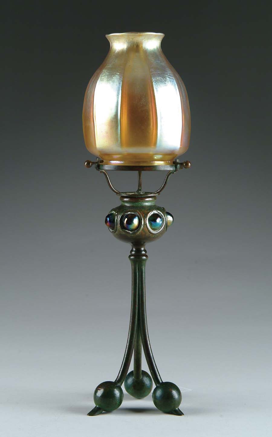 Appraisal: TIFFANY JEWELED CANDLE LAMP Terrific Tiffany candle lamp has bronze