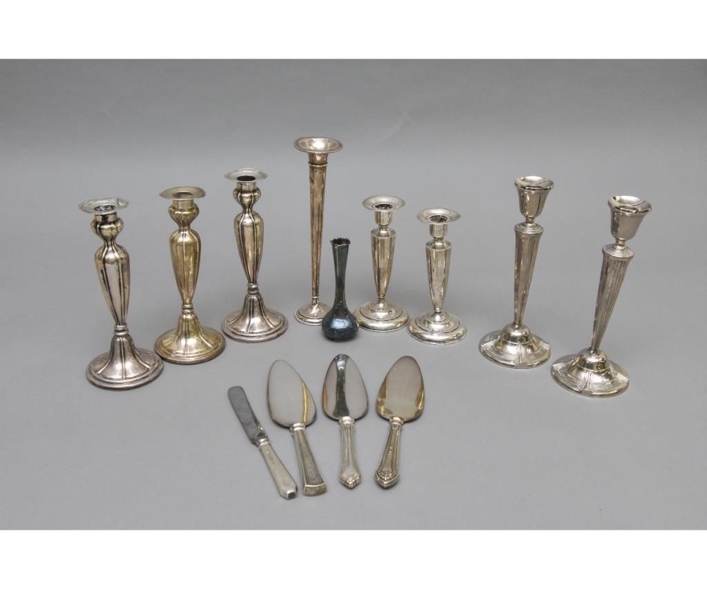 Appraisal: Weighted sterling silver candlesticks and bud vase h together with