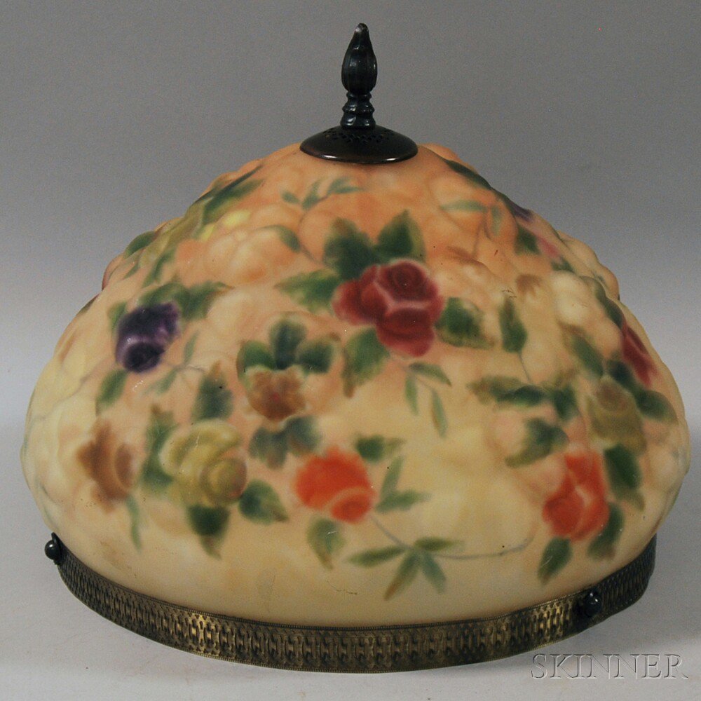 Appraisal: Puffy Glass Hanging Lamp domical satin-finish shade reverse-painted with roses