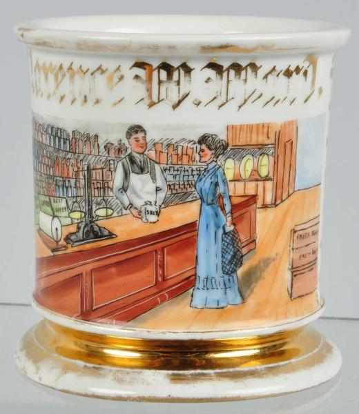 Appraisal: General Store Shaving Mug Description Nice image of man helping