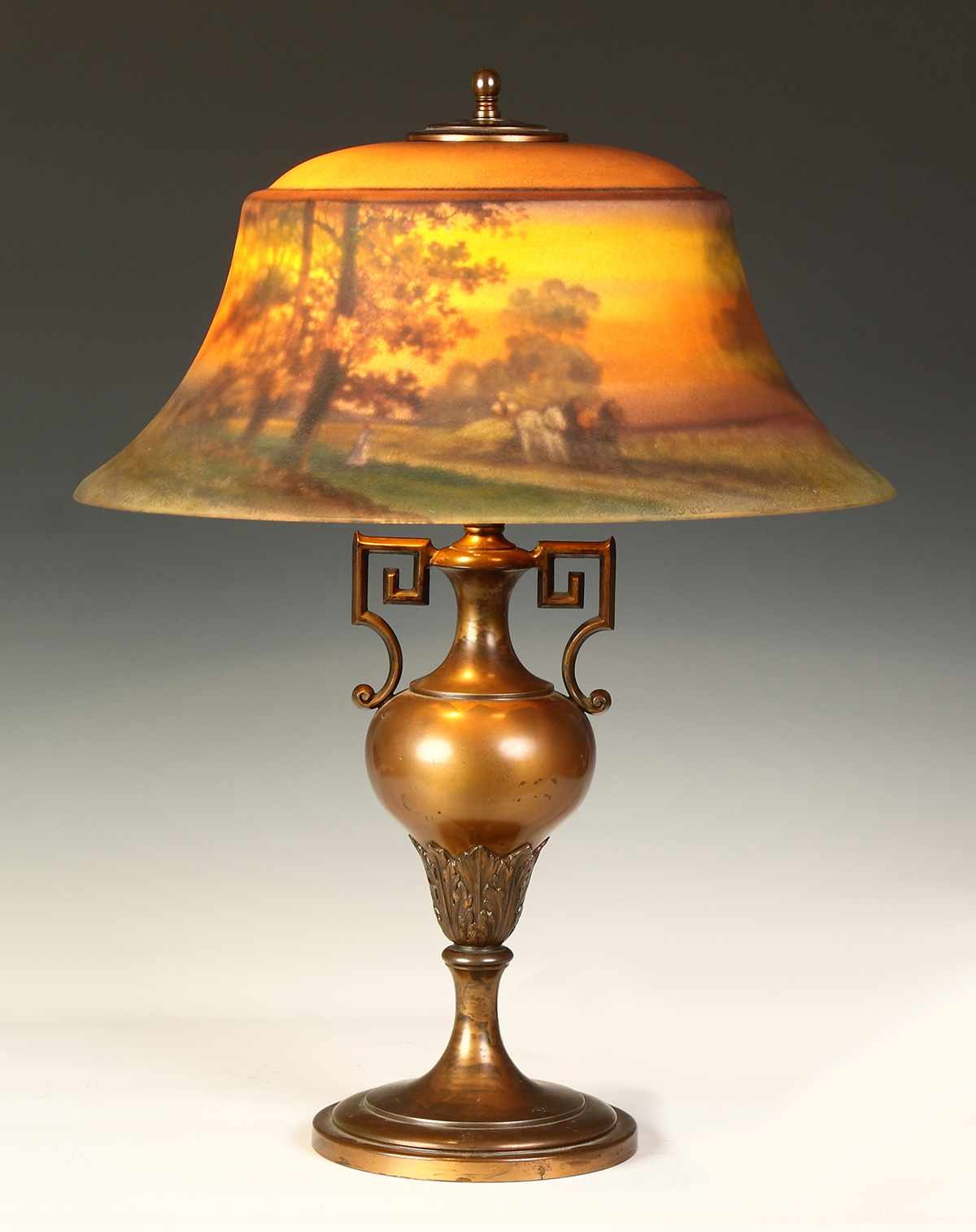 Appraisal: Pairpoint Reverse Painted Table Lamp Sgn base shade Autumn landscape