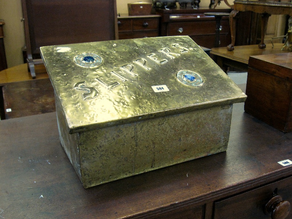 Appraisal: Brass slipper box inset with blue enamel roundels