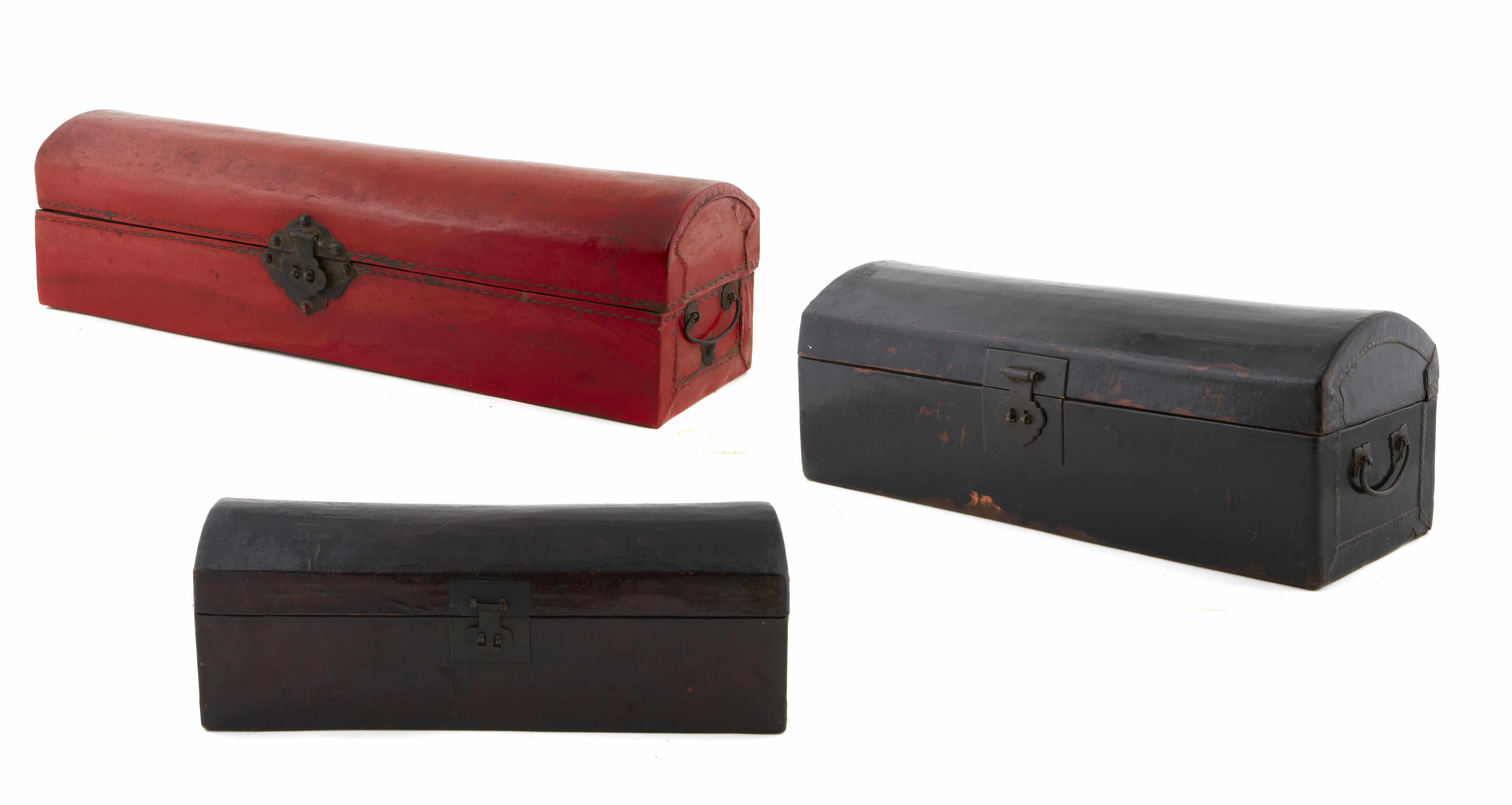 Appraisal: A group of three Chinese metal mounted leather dome trunks