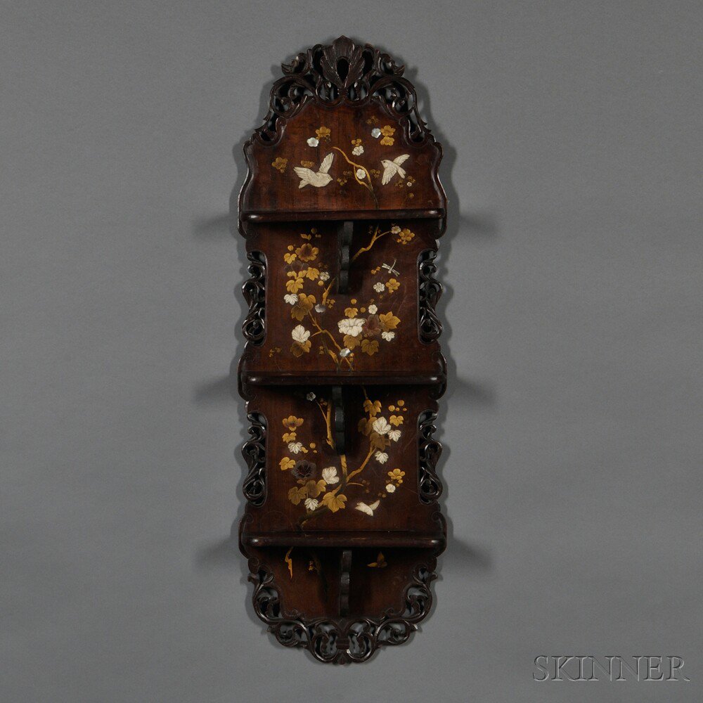 Appraisal: Inlaid Rosewood Three-tier Wall Shelf Japan carved with an openwork