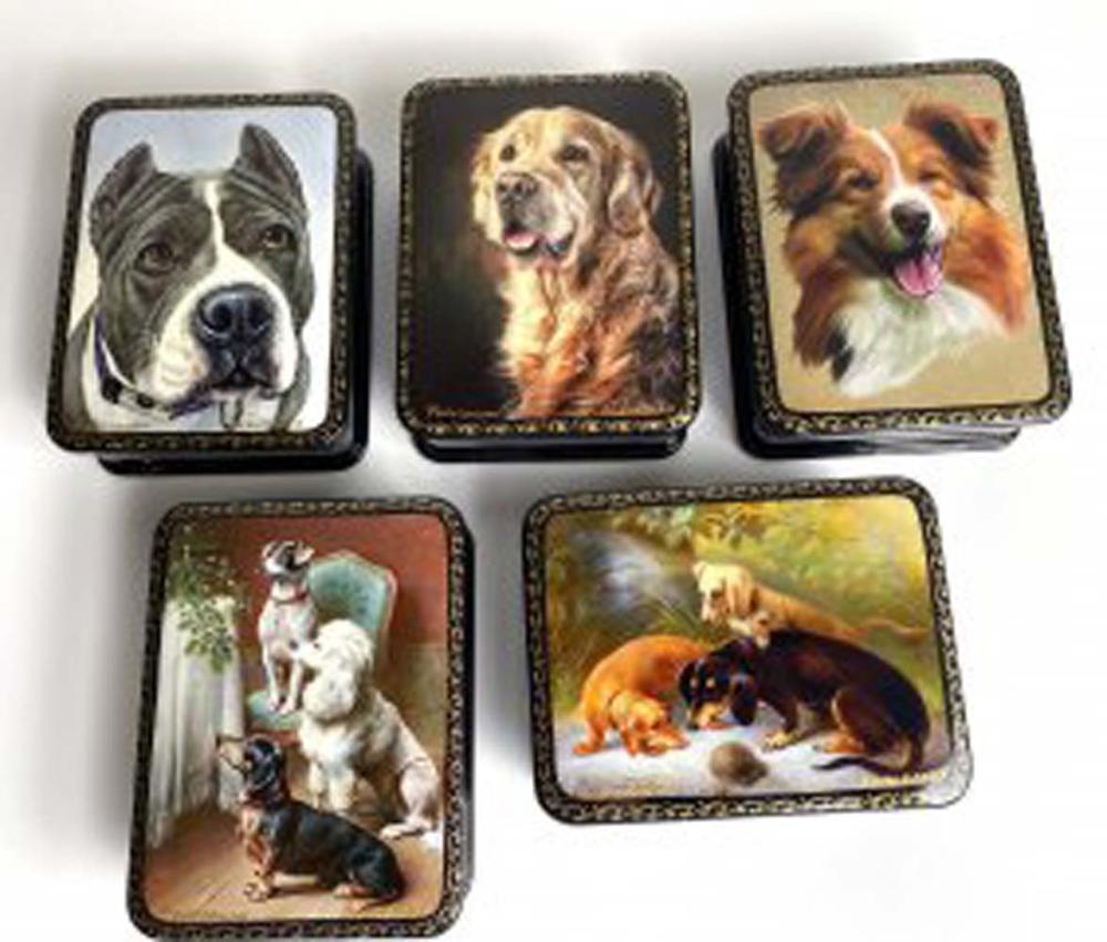 Appraisal: FIVE RUSSIAN PAINTED LACQUER BOXES OF DOGSModern Signed The black