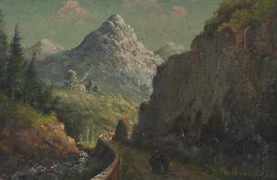 Appraisal: Rene Gourdon French b Alpine travelers Oil on chamfered wood