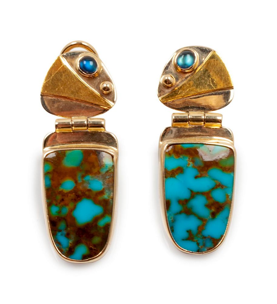 Appraisal: k Gold Earclips with Turquoise and Sapphire length x inch