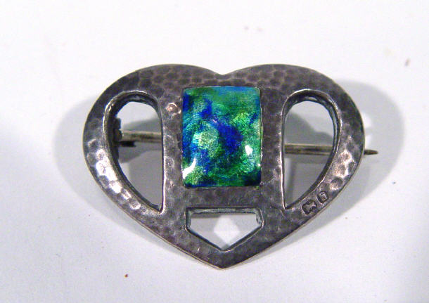 Appraisal: Art Nouveau silver heart shaped brooch with blue and green