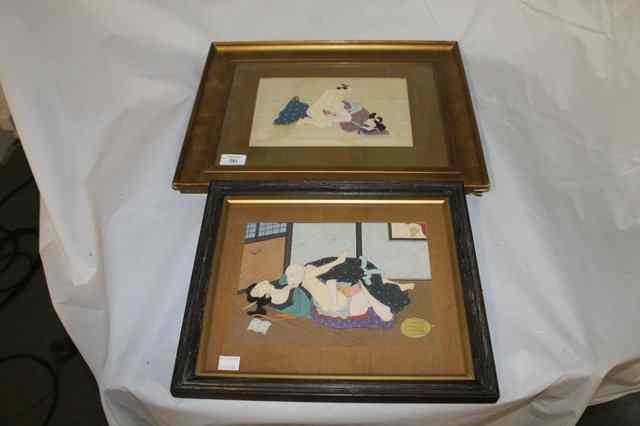 Appraisal: Japanese SchoolAn erotic gouache study of a couple in an