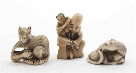 Appraisal: Three Ivory Netsukes Gyoku Seki the first depicting a scholar