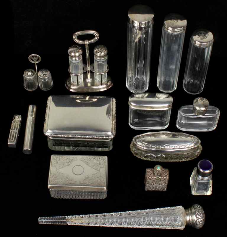 Appraisal: TWELVE SILVER MOUNTED GLASS ARTICLES including three American glass mounted