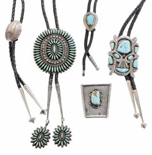 Appraisal: Four Southwestern Bolo Ties and one trapezoid shaped ornamental slide