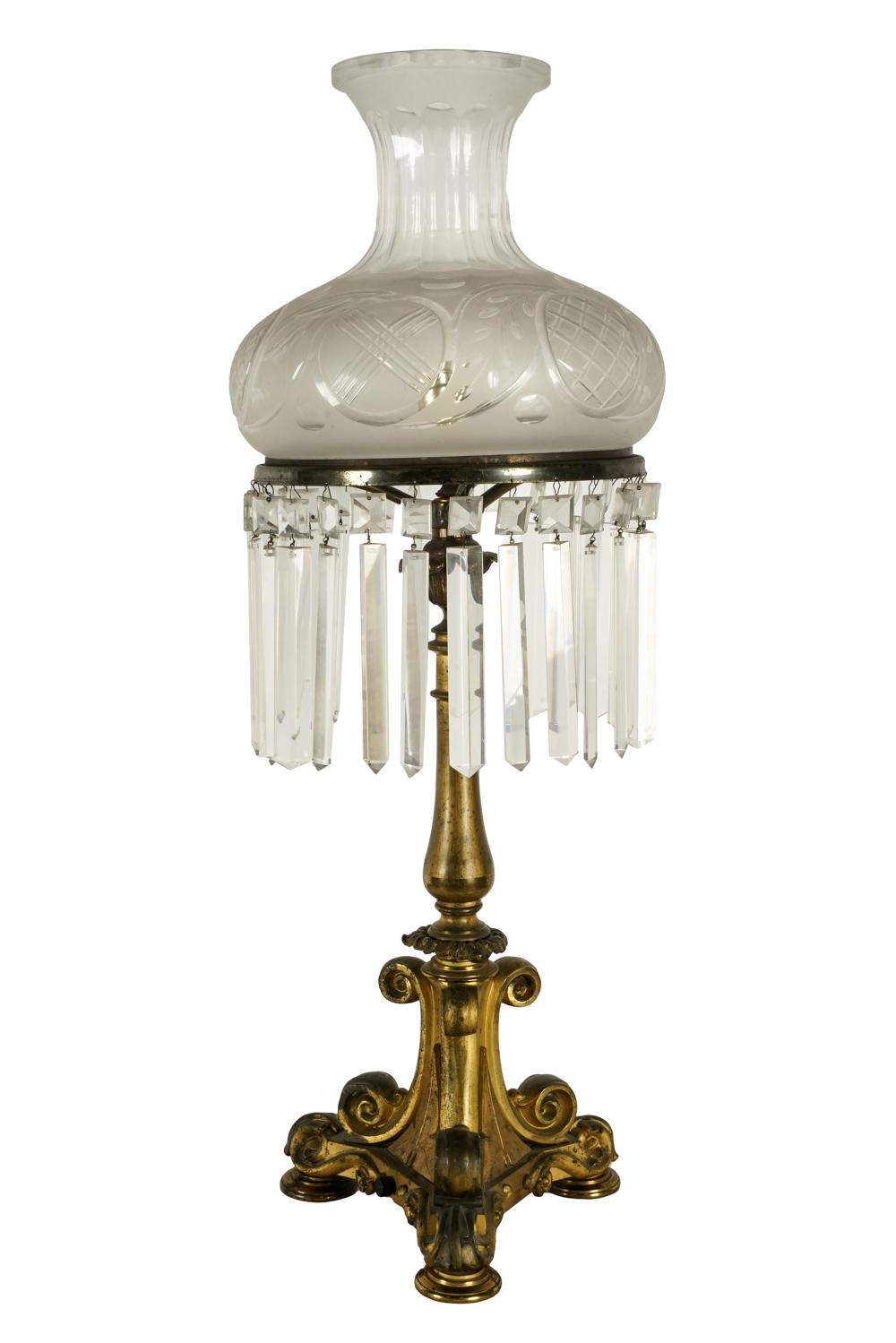 Appraisal: BRASS CUT-GLASS TABLE LAMPCondition missing one drop working condition unknown