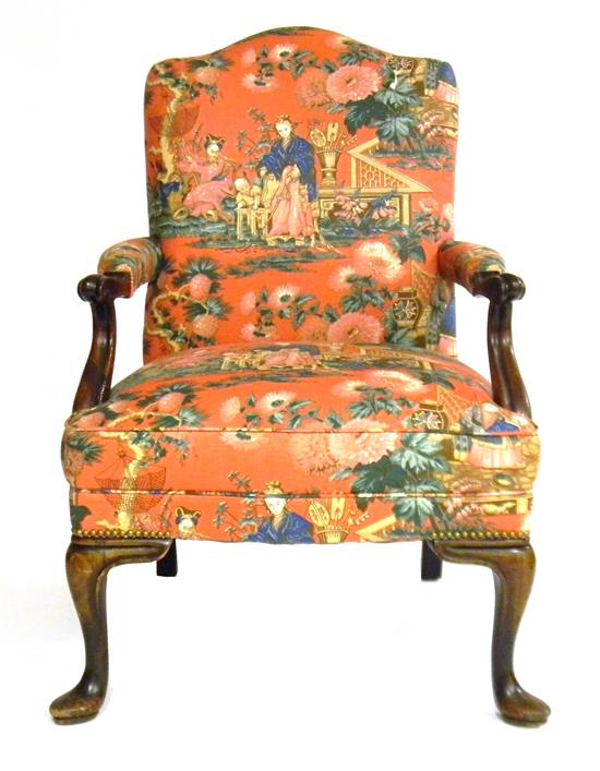 Appraisal: th C open arm chair red chintz Chinoiserie pattern upholstery