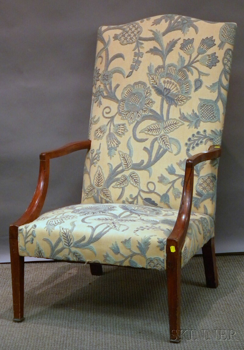 Appraisal: Federal Crewel-upholstered Carved Mahogany Lolling Chair arm repairs