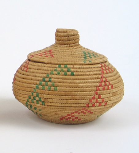 Appraisal: YUPIK ESKIMO INDIAN LIDDED BASKET JAR Woven with bundle-coiled beach