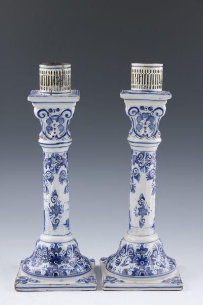 Appraisal: Pair of Delft Candlesticks th c in the form of