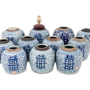 Appraisal: Chinese Blue and White Porcelain 'Double Happiness' Jars th th