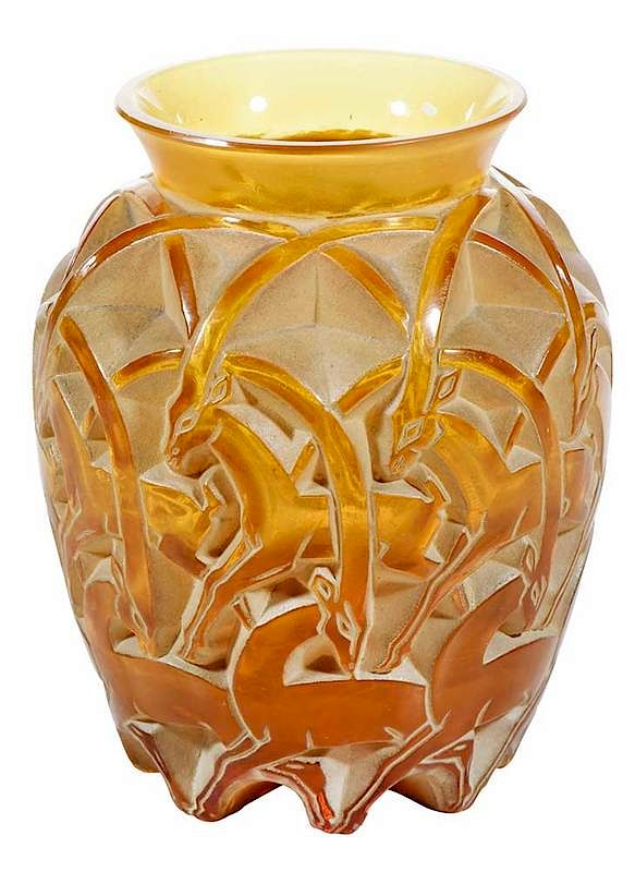 Appraisal: R Lalique Chamois Amber Glass Vase model introduced in model