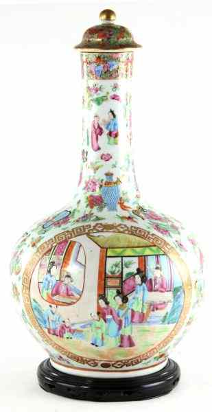 Appraisal: Chinese Rose Mandarin Bottle with Cover th century bulbous body