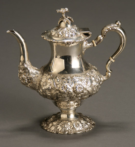 Appraisal: Stieff Repouss Sterling Coffeepot Baltimore Dated Having an urn-form body