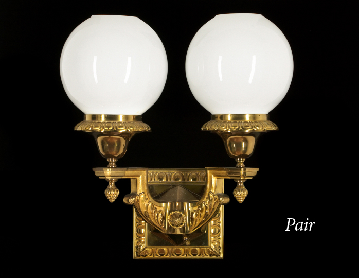 Appraisal: Large Pair of Gilt-Lacquered Brass Two-Light Appliques first quarter th